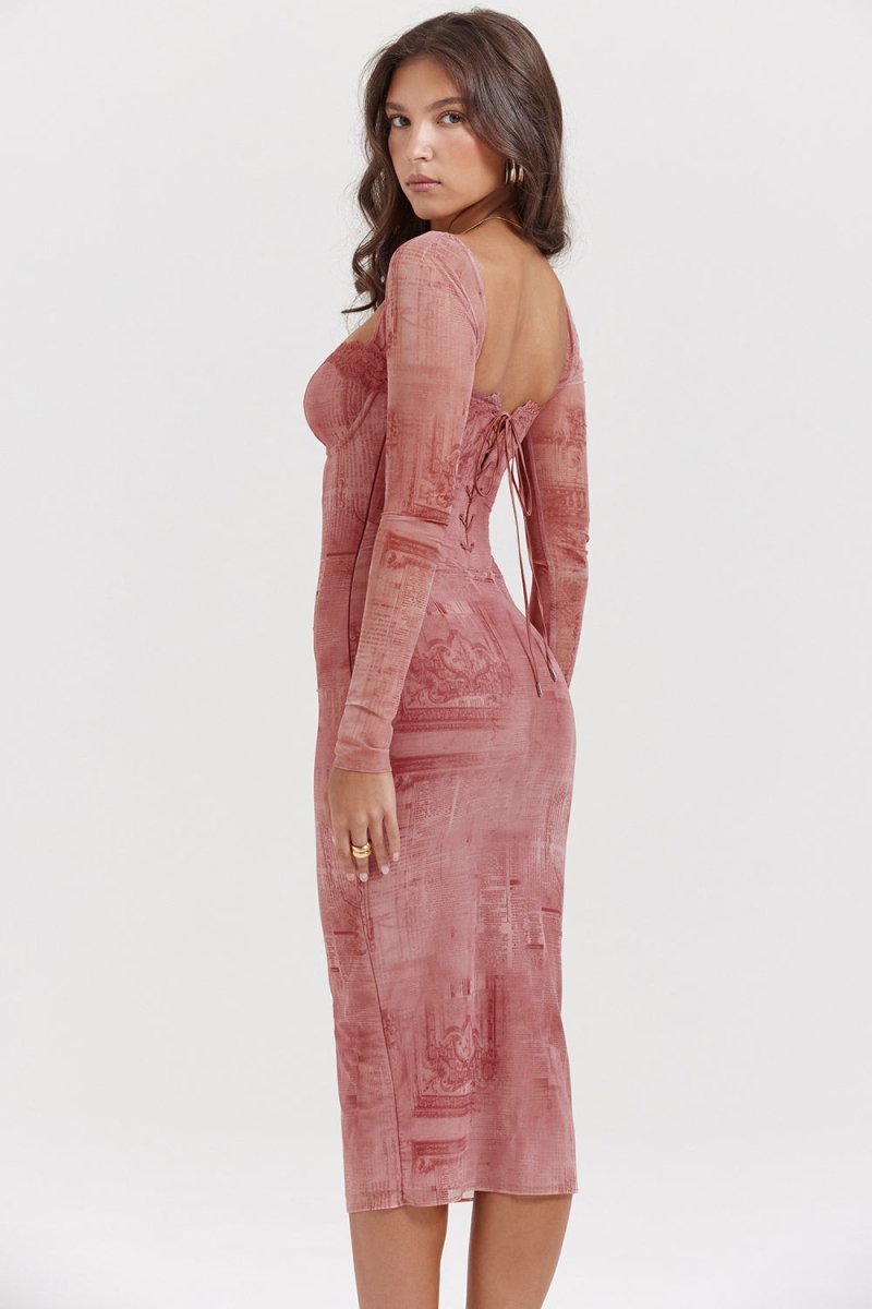 Beautiful women's pink midi dress, elegant, fitted, long-sleeve. Great for special occasions.
