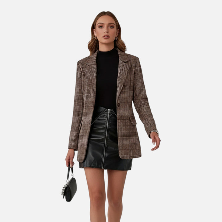 Chic women's plaid long sleeve blazer, featuring a sophisticated lapel design for elegant workwear attire.