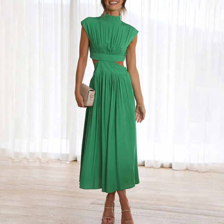 Elegant women's pleated cap sleeve midi dress. Flattering fit, perfect for summer or special occasions.