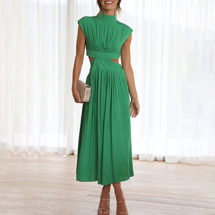 Elegant women's pleated cap sleeve midi dress. Flattering fit, perfect for summer or special occasions.