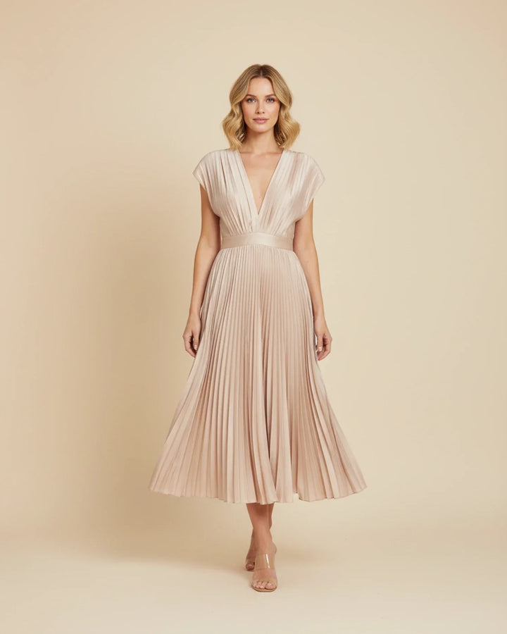 Rose gold elegant pleated fit & flare midi dress, perfect for summer weddings & formal parties.
