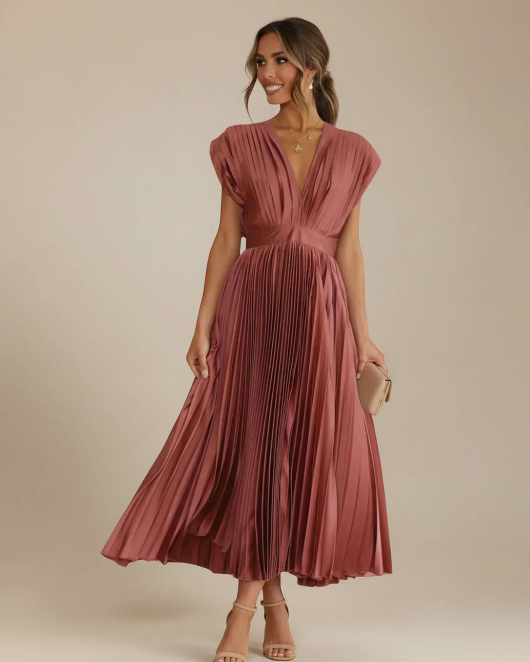 Women's formal fit & flare midi dress with elegant pleats, suitable for wedding guests & occasion wear.