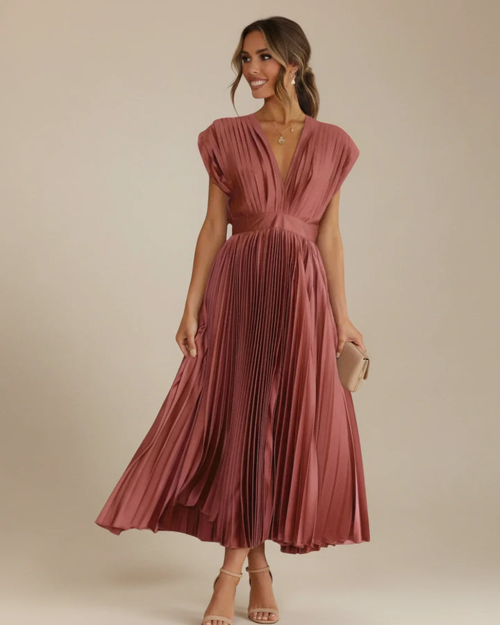 Women's formal fit & flare midi dress with elegant pleats, suitable for wedding guests & occasion wear.