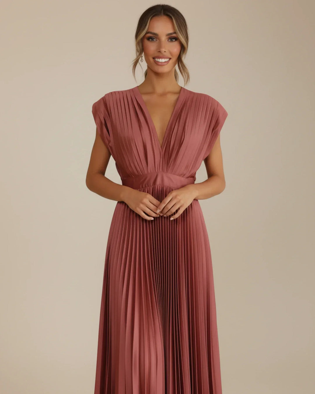 Stylish women's pleated fit & flare midi dress, comfortable for wedding guests, parties, & summer events.