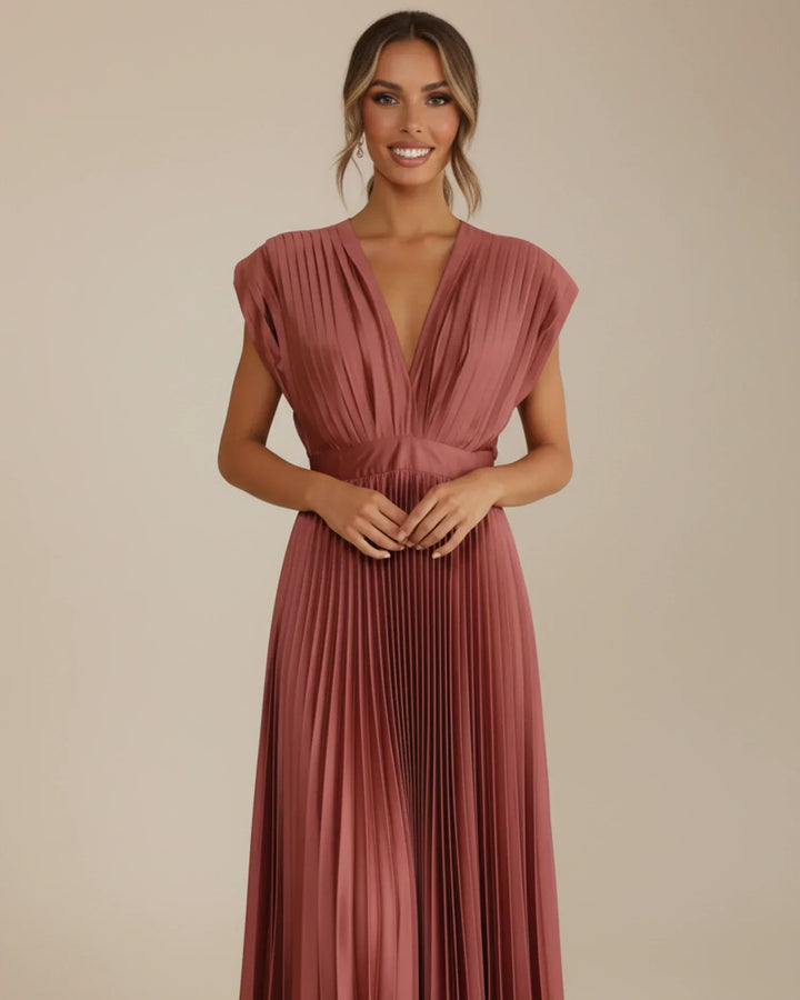 Stylish women's pleated fit & flare midi dress, comfortable for wedding guests, parties, & summer events.