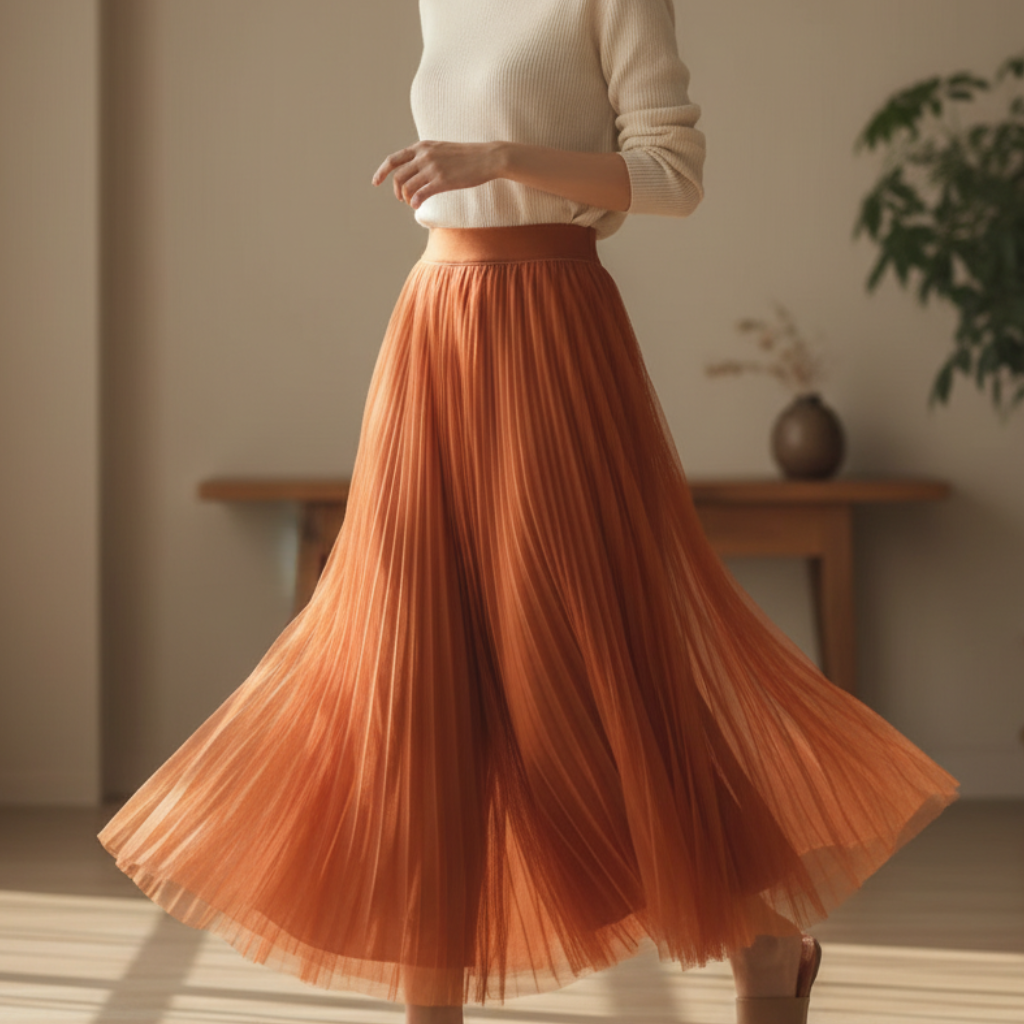 Elegant women's pleated high-waisted A-line midi skirt, perfect for smart casual or evening wear.