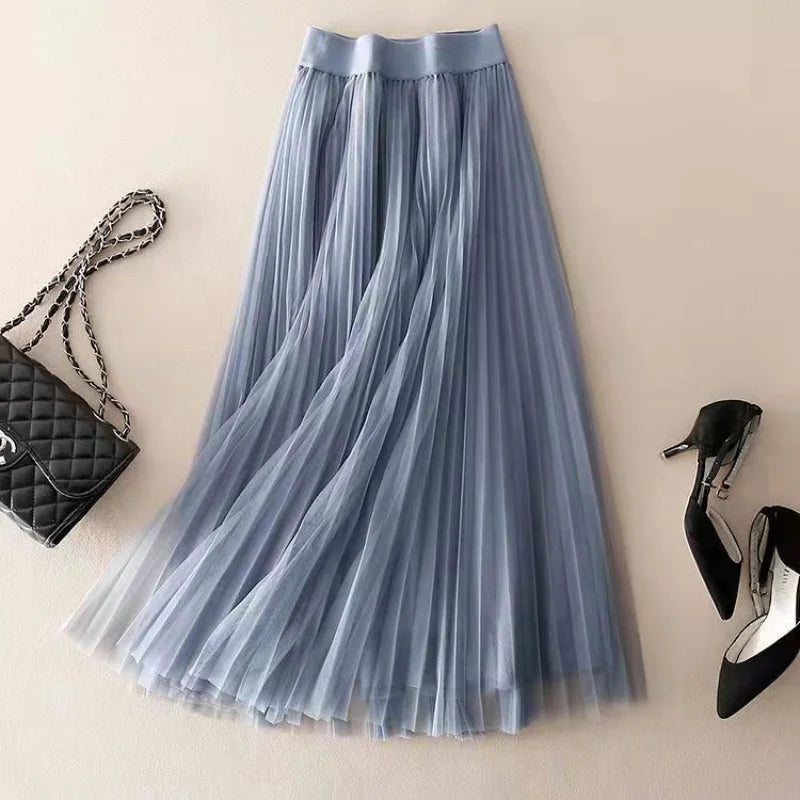 Classic black pleated high-waisted A-line midi skirt for women, offering an elegant & flattering fit.