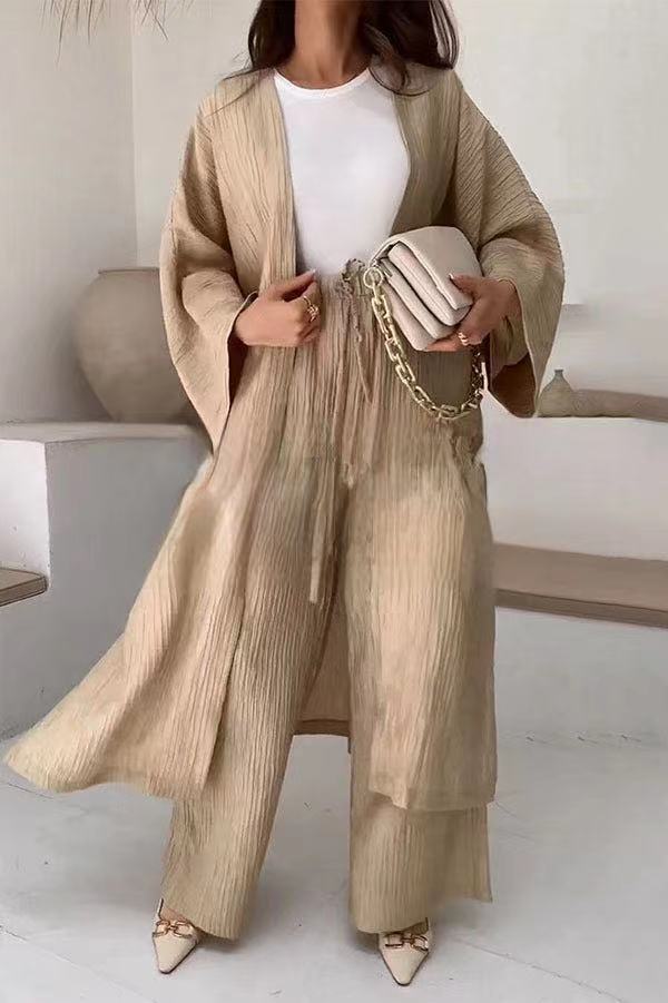 Elegant women's pleated kimono two-piece set for versatile wear. Perfect comfortable loungewear outfit for spring or fall.