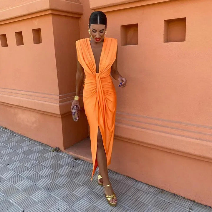 Sleeveless pleated maxi dress for women, an elegant long dress ideal for evening events & special occasion wear.