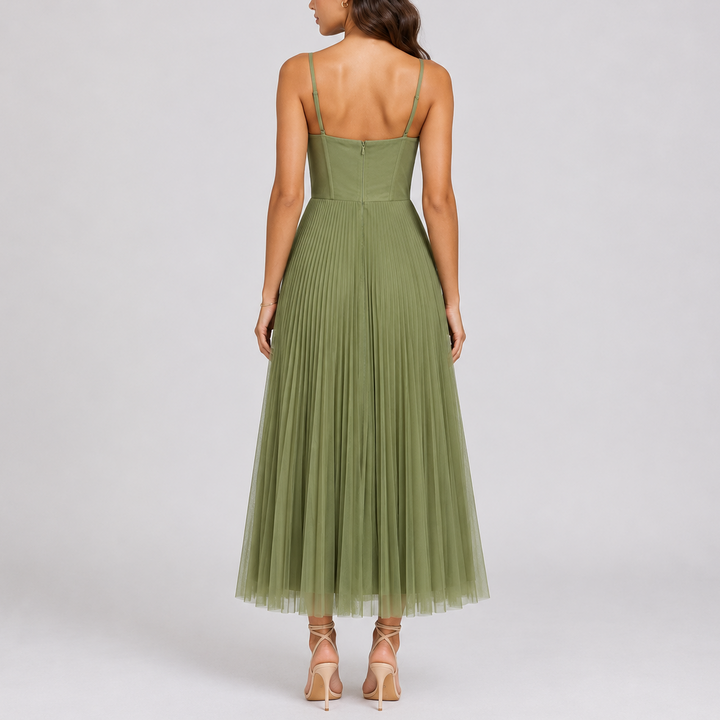 Chic green pleated maxi dress, an elegant long formal gown for wedding guests and special evening occasions.