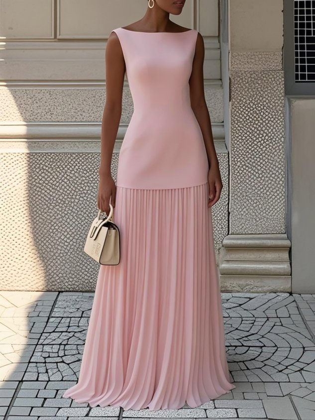 Feminine women's pleated maxi dress flowing gracefully, ideal for special events, parties, or formal occasion wear.