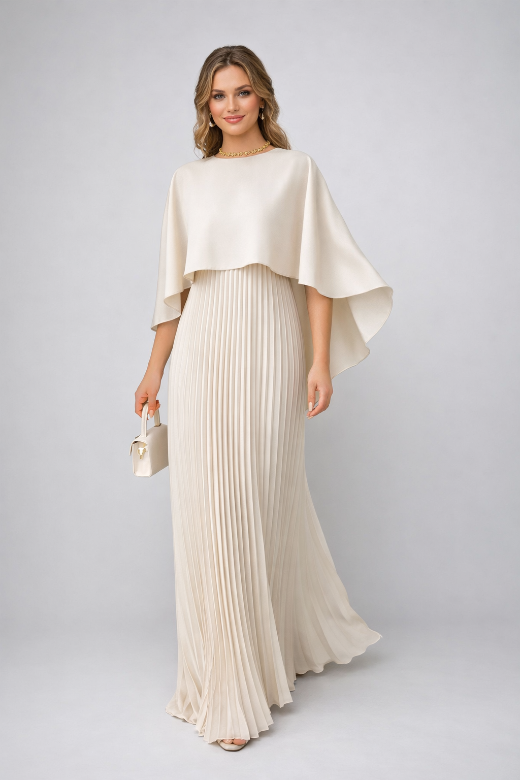 Elegant women's pleated maxi dress with a flowing high neck, perfect for formal occasions & wedding guests.