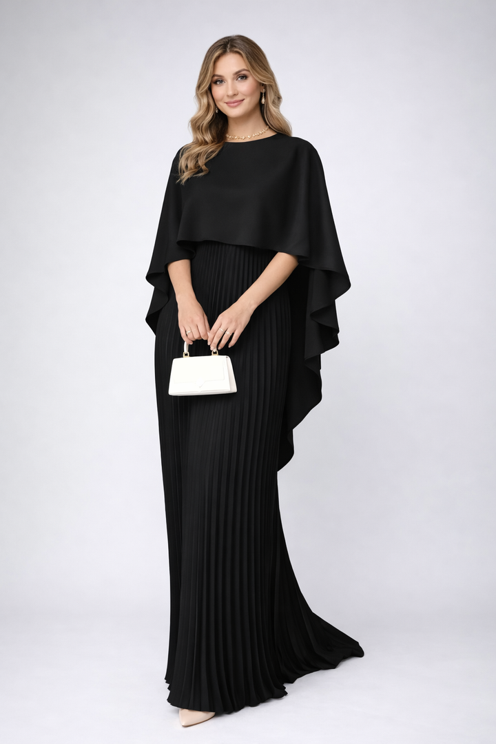 Flowing high neck pleated maxi dress for women, ideal for spring/summer celebrations & elegant evening wear.