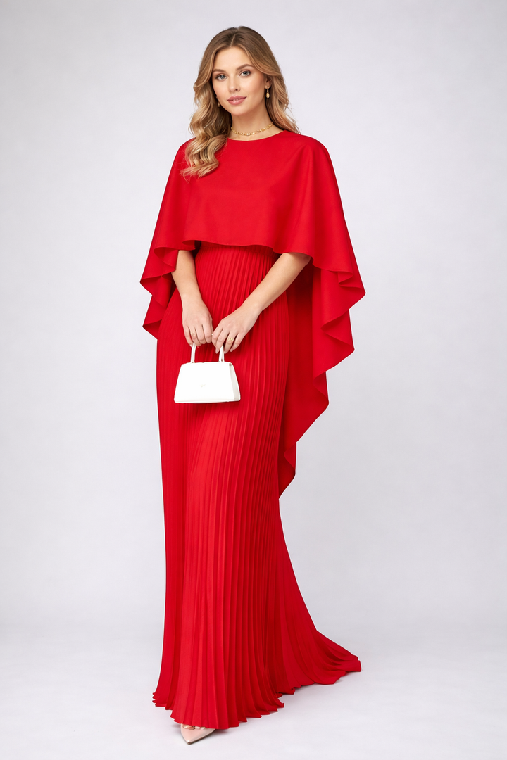 Women's sophisticated pleated maxi dress featuring a high neck. A relaxed fit, ideal for formal events & evening wear.