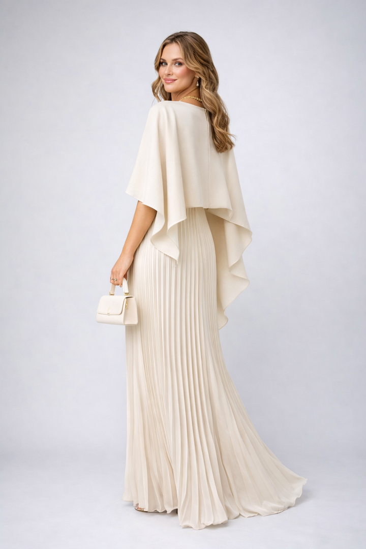 Graceful women's high neck maxi dress with elegant pleats, a flowing relaxed fit for formal occasions.