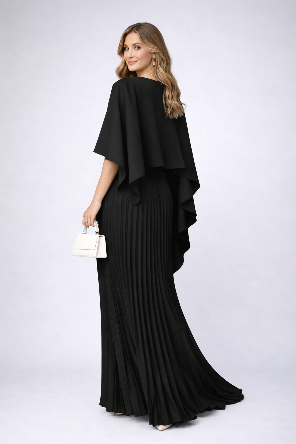 Stylish women's pleated high-neck maxi dress, a perfect wedding guest or celebration dress for spring/summer.