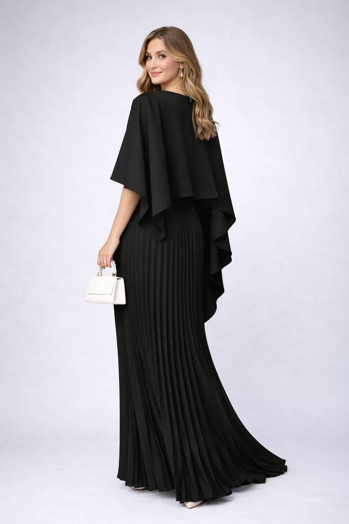 Stylish women's pleated high-neck maxi dress, a perfect wedding guest or celebration dress for spring/summer.