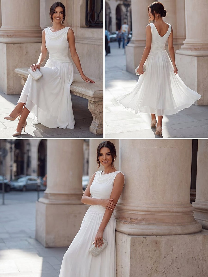 Chic women's party dress: pleated midi with sophisticated draped neckline. Ideal for summer occasions.