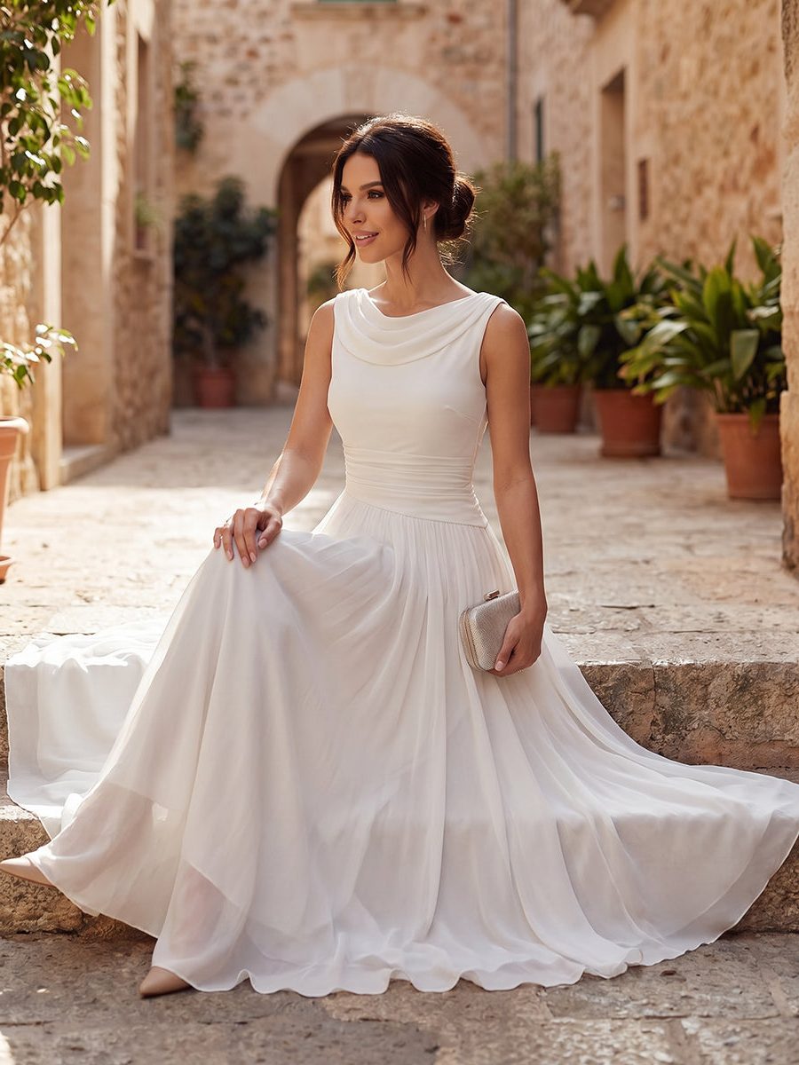 Beautiful women's elegant pleated midi dress, sleeveless, with a graceful draped neckline.