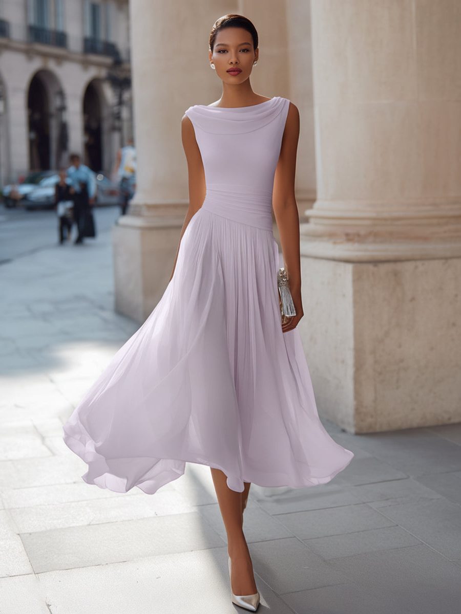 Stylish women's summer midi dress, pleated skirt, and an elegant draped neckline. Perfect party wear.