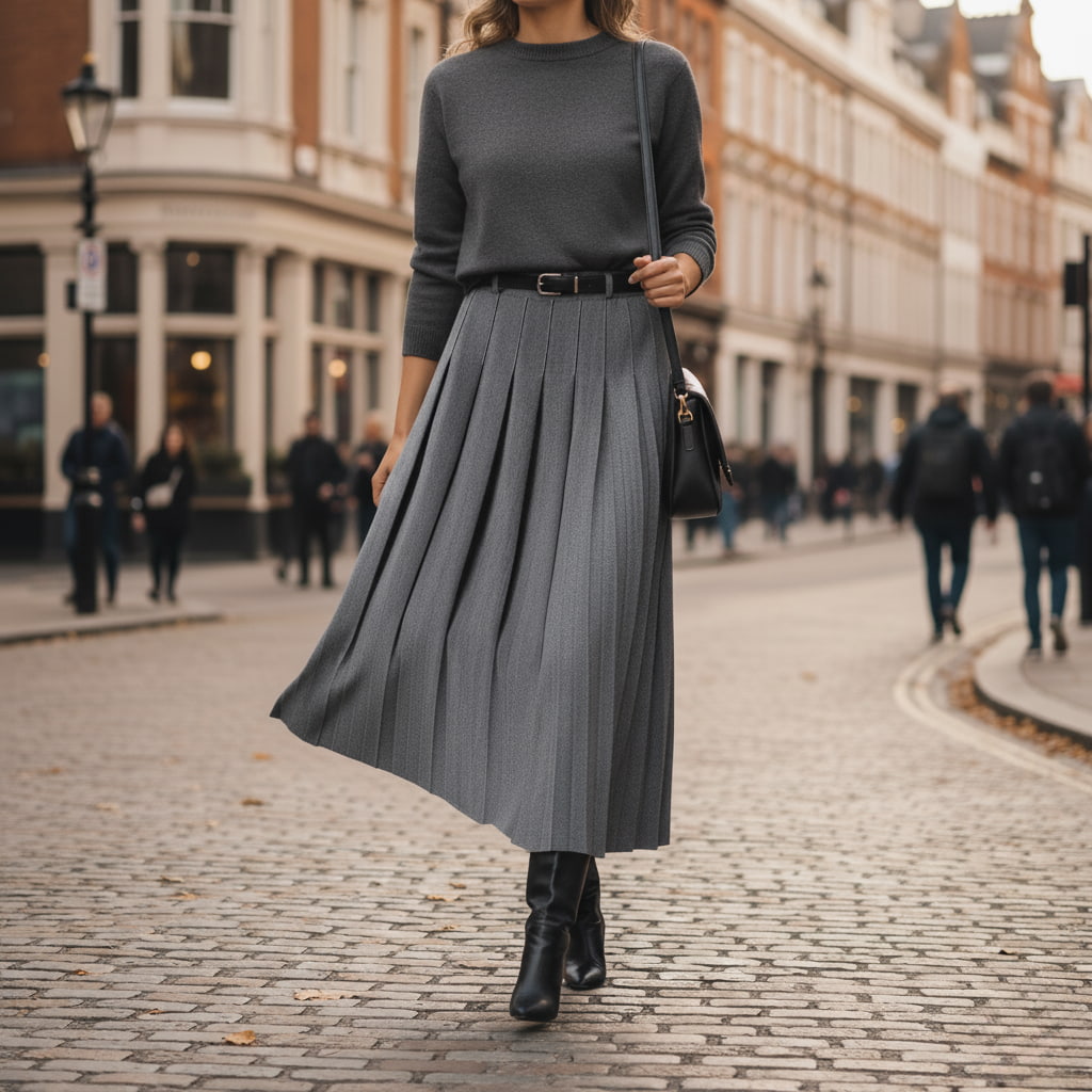 Versatile women's midi skirt with elegant pleats & a stylish belt. Ideal for casual or formal wear.