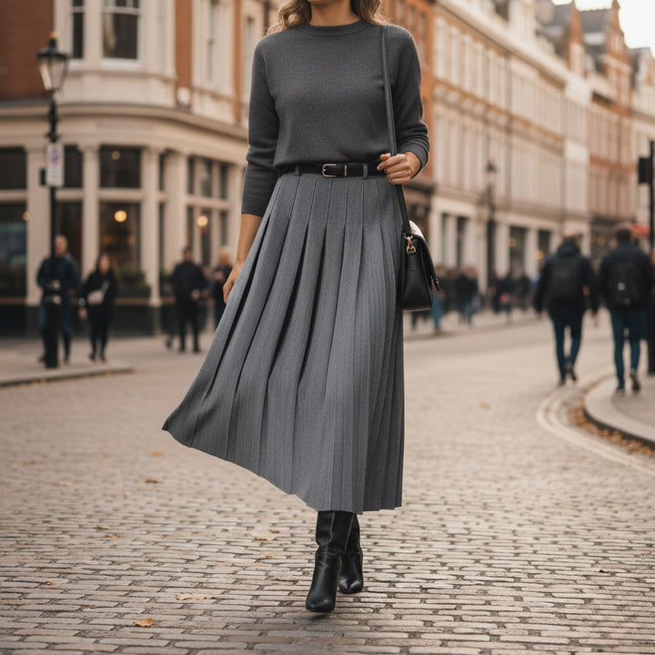 Versatile women's midi skirt with elegant pleats & a stylish belt. Ideal for casual or formal wear.