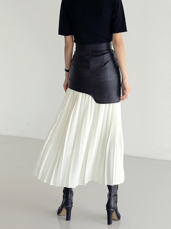 White women's elegant midi skirt with a unique asymmetrical pleated design. Casual chic or office style.