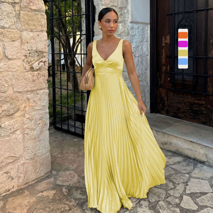 Elegant women's pleated V-neck maxi dress, perfect for wedding guests & formal occasions.