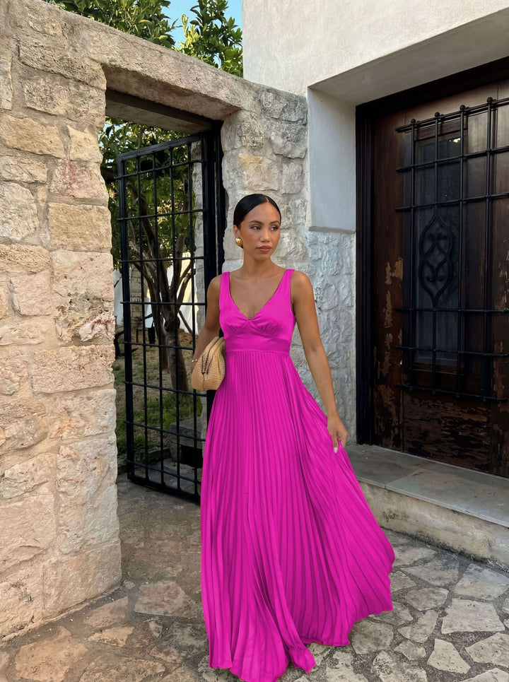 Sophisticated women's pleated V-neck maxi dress, a must-have elegant formal wedding guest gown.
