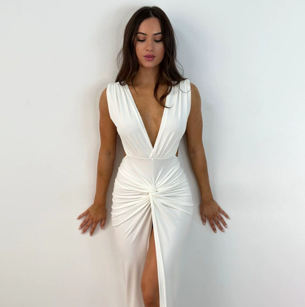 Elegant women's plunge ruched maxi dress with a high slit, perfect for formal events & parties.