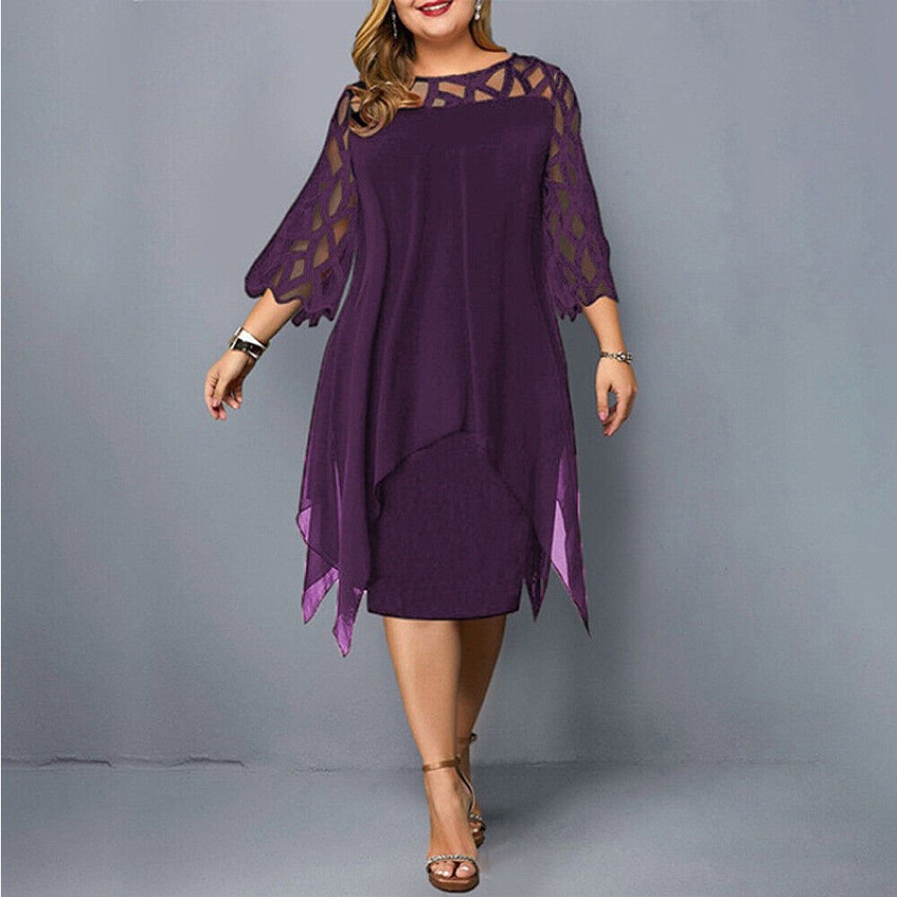 Elegant women's plus size lace overlay asymmetric midi dress. Flowy & flattering.