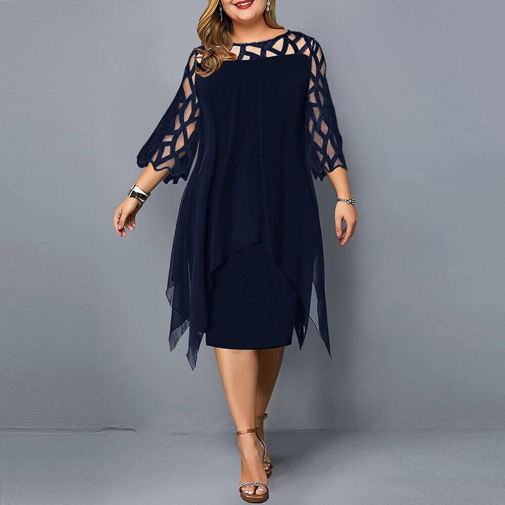 Purple plus size lace midi dress with an asymmetric hem. Perfect for parties & special occasions.