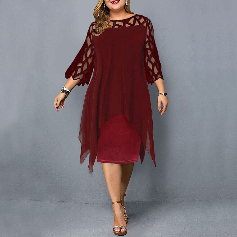 Chic blue plus size asymmetric midi dress. Features delicate lace overlay, ideal for elegant events.