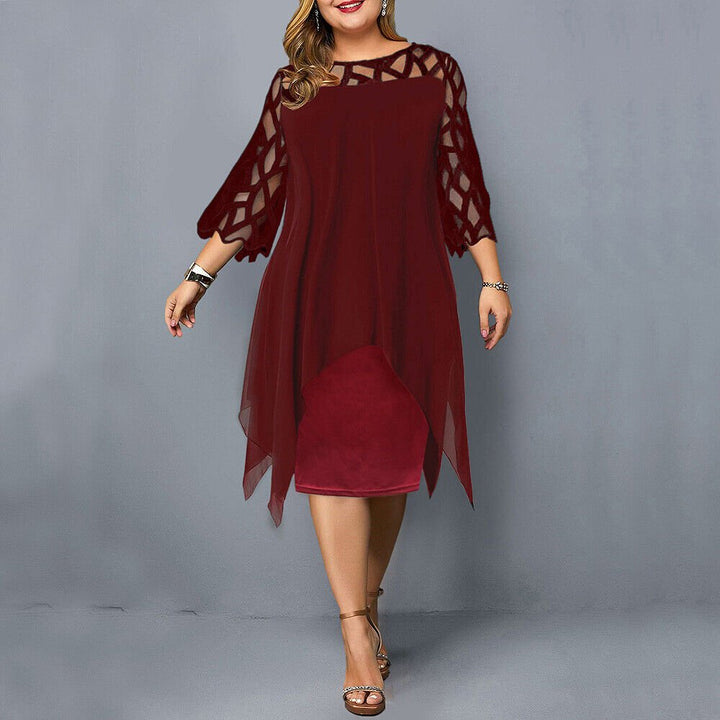 Chic blue plus size asymmetric midi dress. Features delicate lace overlay, ideal for elegant events.