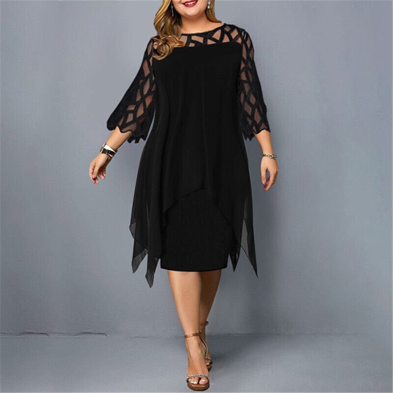 Stunning red plus size cocktail dress. Flowy lace overlay and stylish asymmetric midi length.