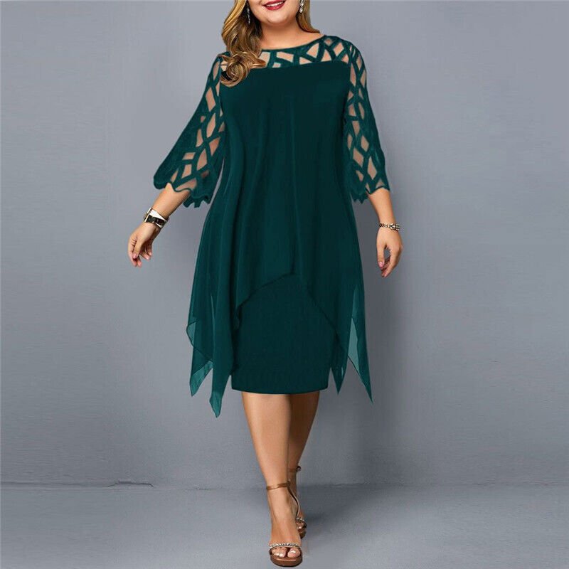 Black plus size lace midi dress. Elegant & asymmetric, perfect women's party or special occasion dress.