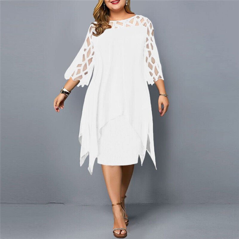 White plus size elegant lace midi dress. Flattering asymmetric silhouette for special occasions.
