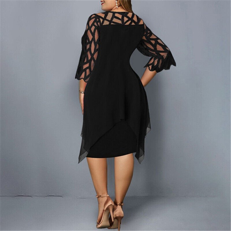 Women's plus size midi dress. Stunning lace overlay & chic asymmetric design, elegant & flattering.