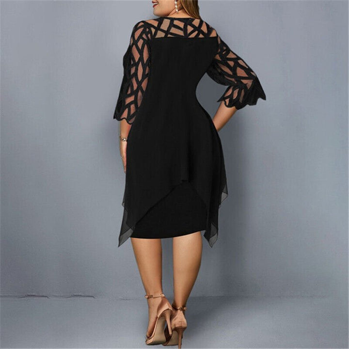 Women's plus size midi dress. Stunning lace overlay & chic asymmetric design, elegant & flattering.