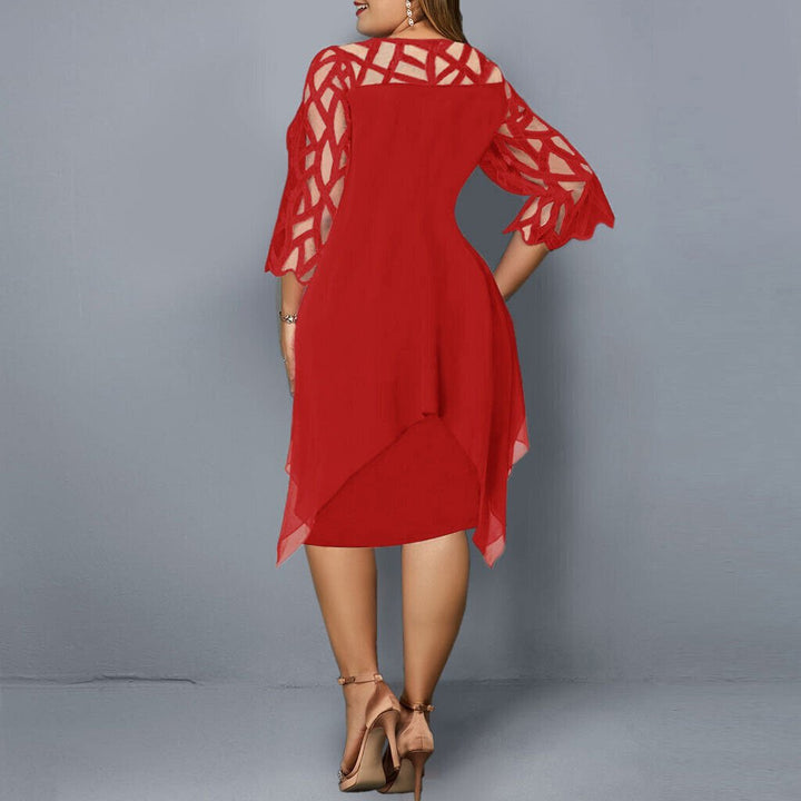 Flowy plus size asymmetric midi dress with beautiful lace detailing. Ideal for cocktail & party wear.