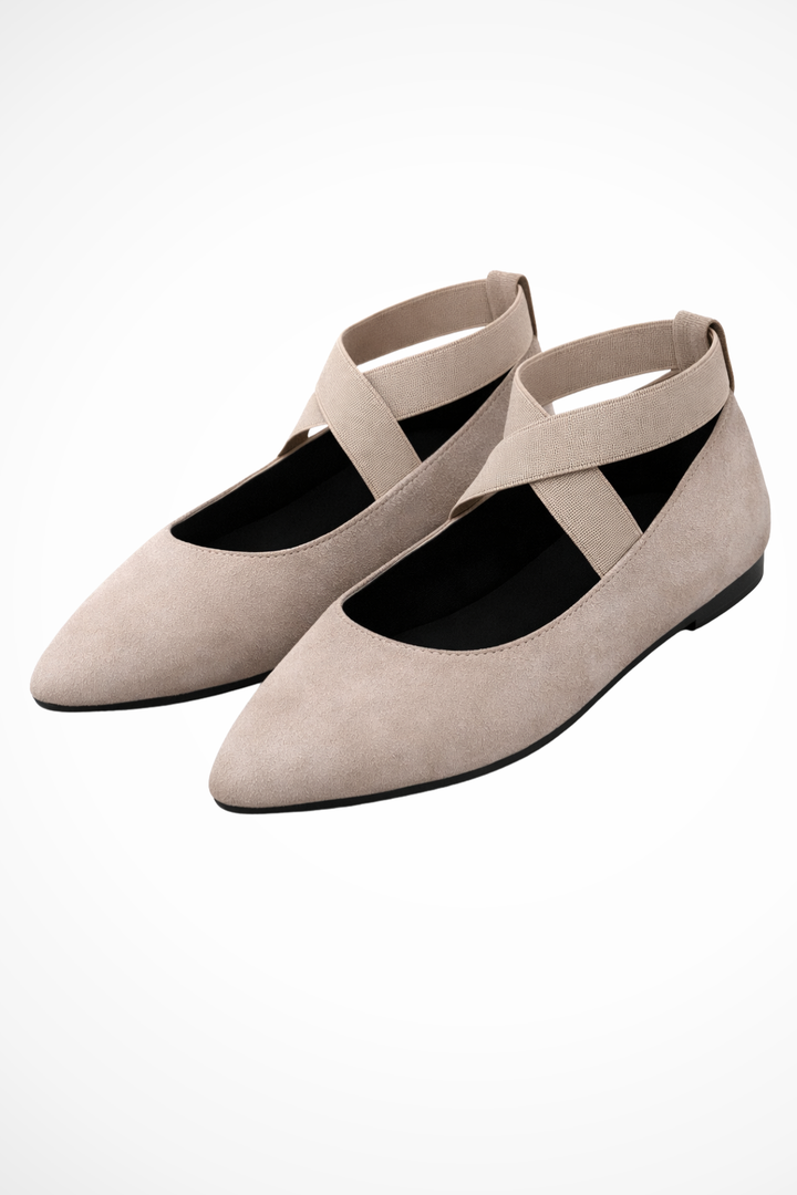 Elegant women's pointed toe ballet flats with adjustable ankle strap, perfect for versatile wear.