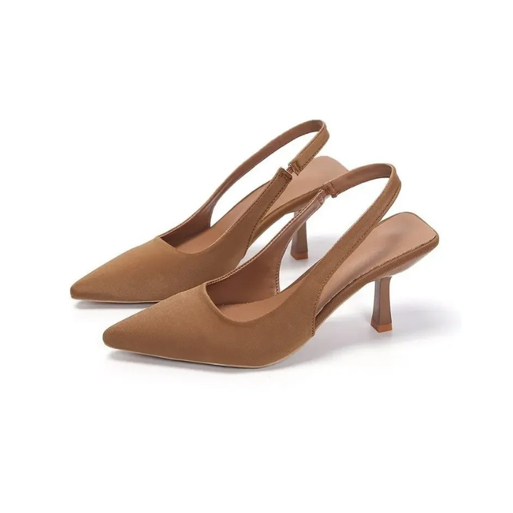Sophisticated women's work shoes: pointed-toe slingback sandals with a comfortable kitten heel.