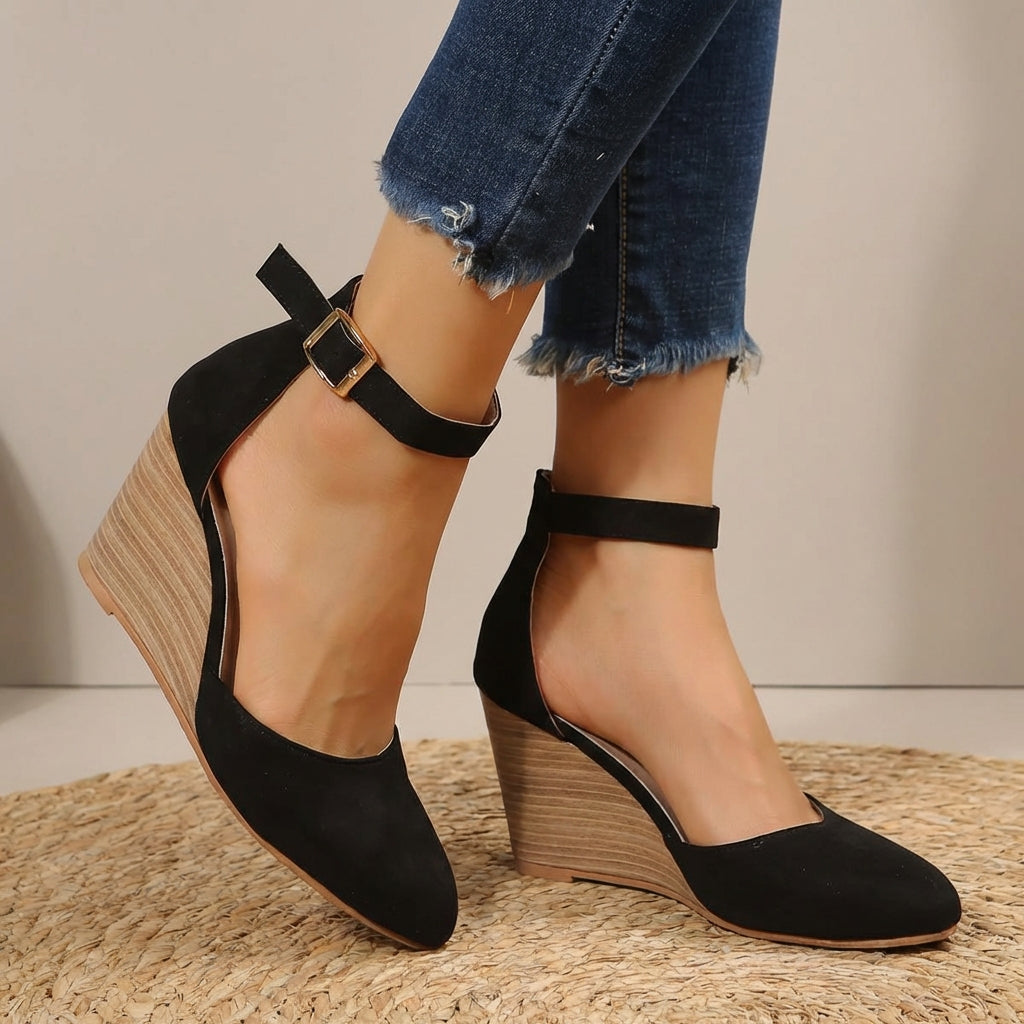 Elegant women's pointed toe wedge heels with an ankle strap, perfect for work or parties, offering comfortable formal footwear.