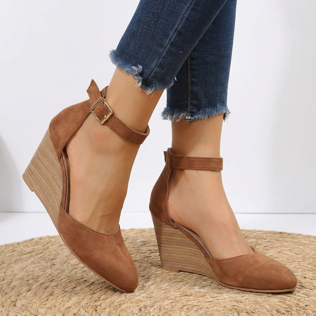 Stylish women's pointed toe ankle strap wedge heels. Elegant and comfortable for office work, parties, and formal events.