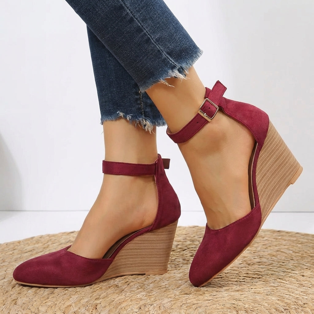 Comfortable pointed toe wedge heels with ankle strap for women. Elegant formal footwear, versatile for work & party wear.