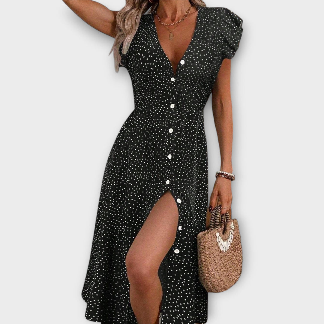 Comfortable & chic women's polka dot A-line midi dress with V-neck, ideal for everyday elegant wear.