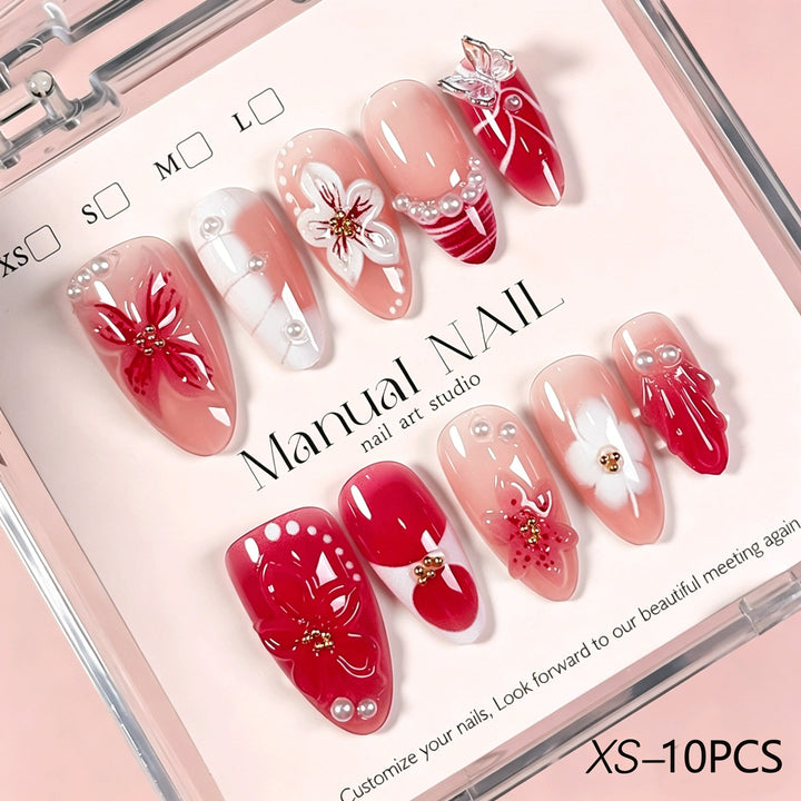 Premium women's floral press-on nails, elegant flower design. False nail art for a sophisticated manicure.
