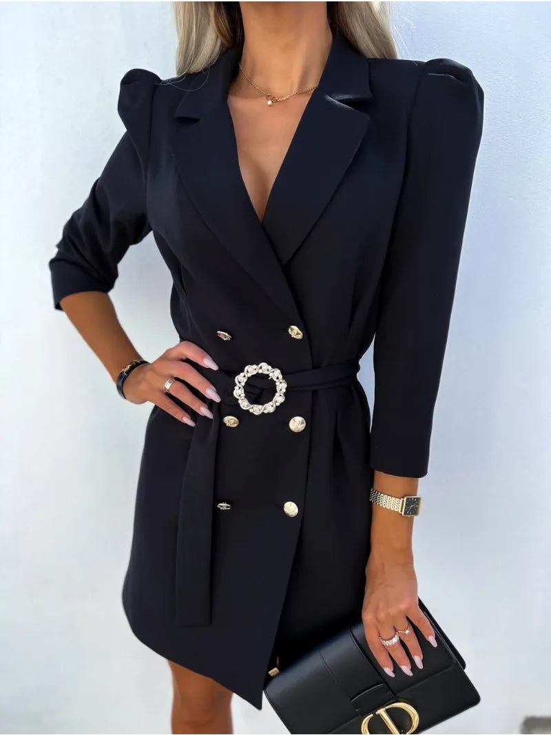 Elegant women's printed blazer-style midi dress with collar, perfect for sophisticated occasion wear.