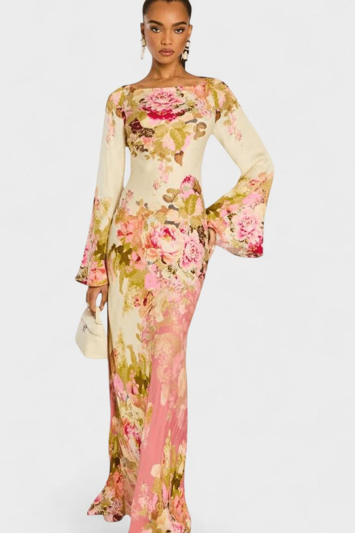 Elegant women's printed maxi dress with a flowing silhouette, perfect for summer evenings & romantic occasions.
