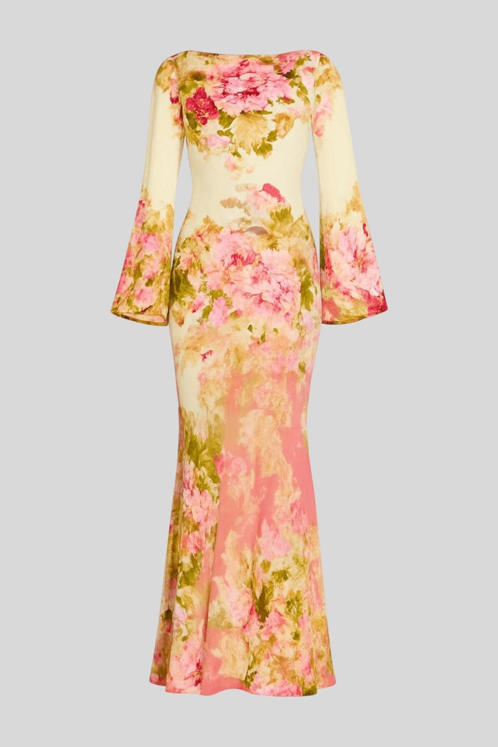 Flowy boho-style women's printed maxi dress, ideal for spring fashion, casual wear, or a chic summer look.